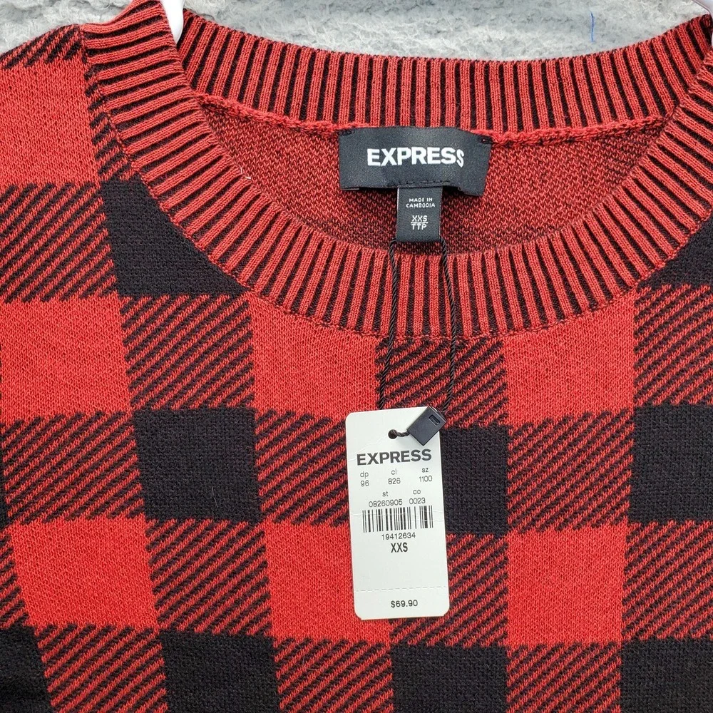 Express Sweater Women 2XS Multi Buffalo Plaid Ribbed Cuff/Hem Crew Neck Pullover